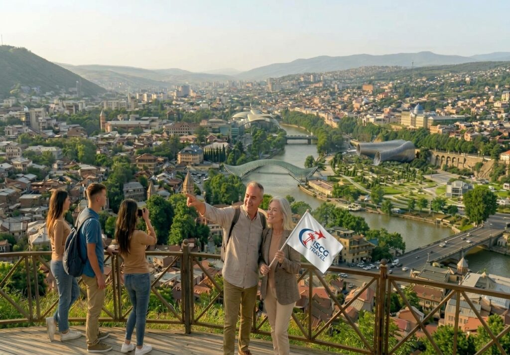 ISCG Travel professional guide leading tourists on a Georgia classic travel package walking tour in old Tbilisi